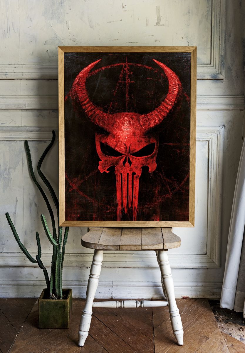 Red Horned Skull Horror Print. — room view 1