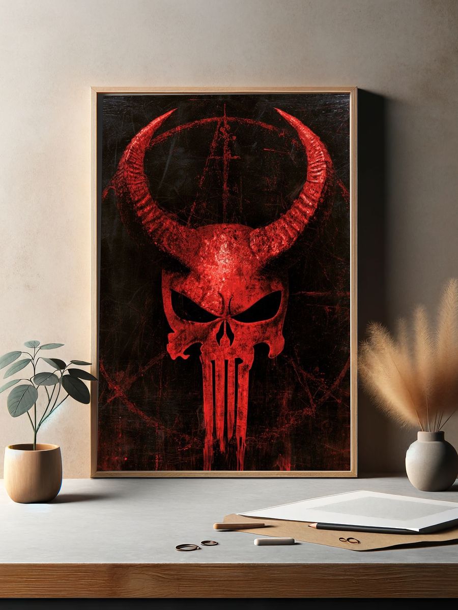 Red Horned Skull Horror Print. — room view 2