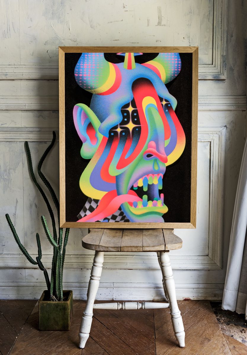 Neon Surreal Skull Print. — room view 1