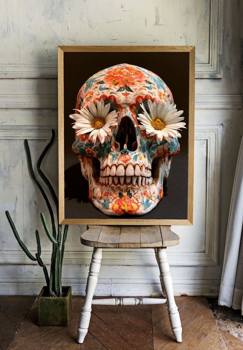 Floral Sugar Skull Illustration Poster. — room view 1