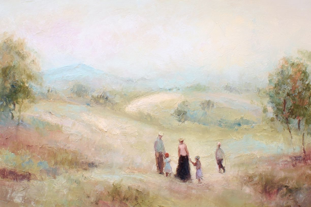 Family Stroll in Pastoral Landscape Poster. poster — fine-art art