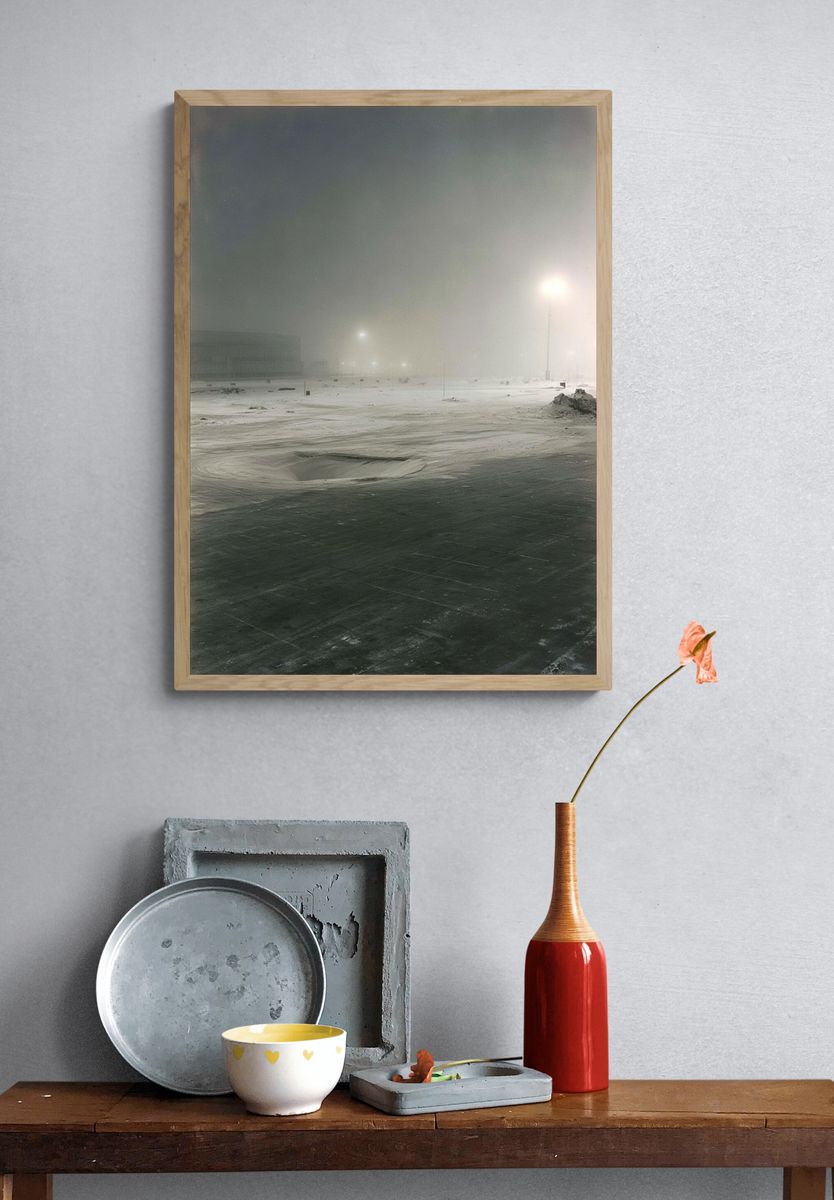 Foggy Snowfield Night Photography Poster. — room view 3