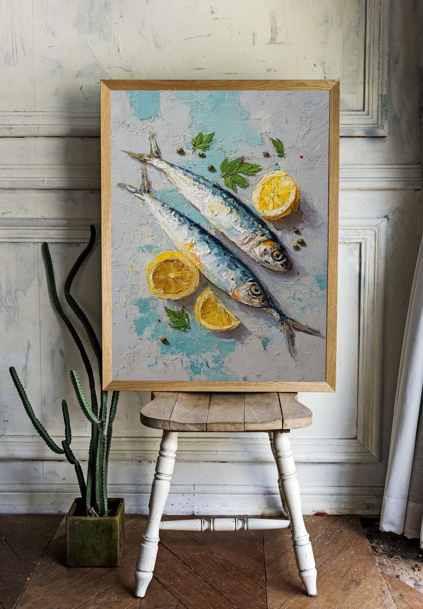 Fresh Sardines with Lemon — Food Art Print. room preview
