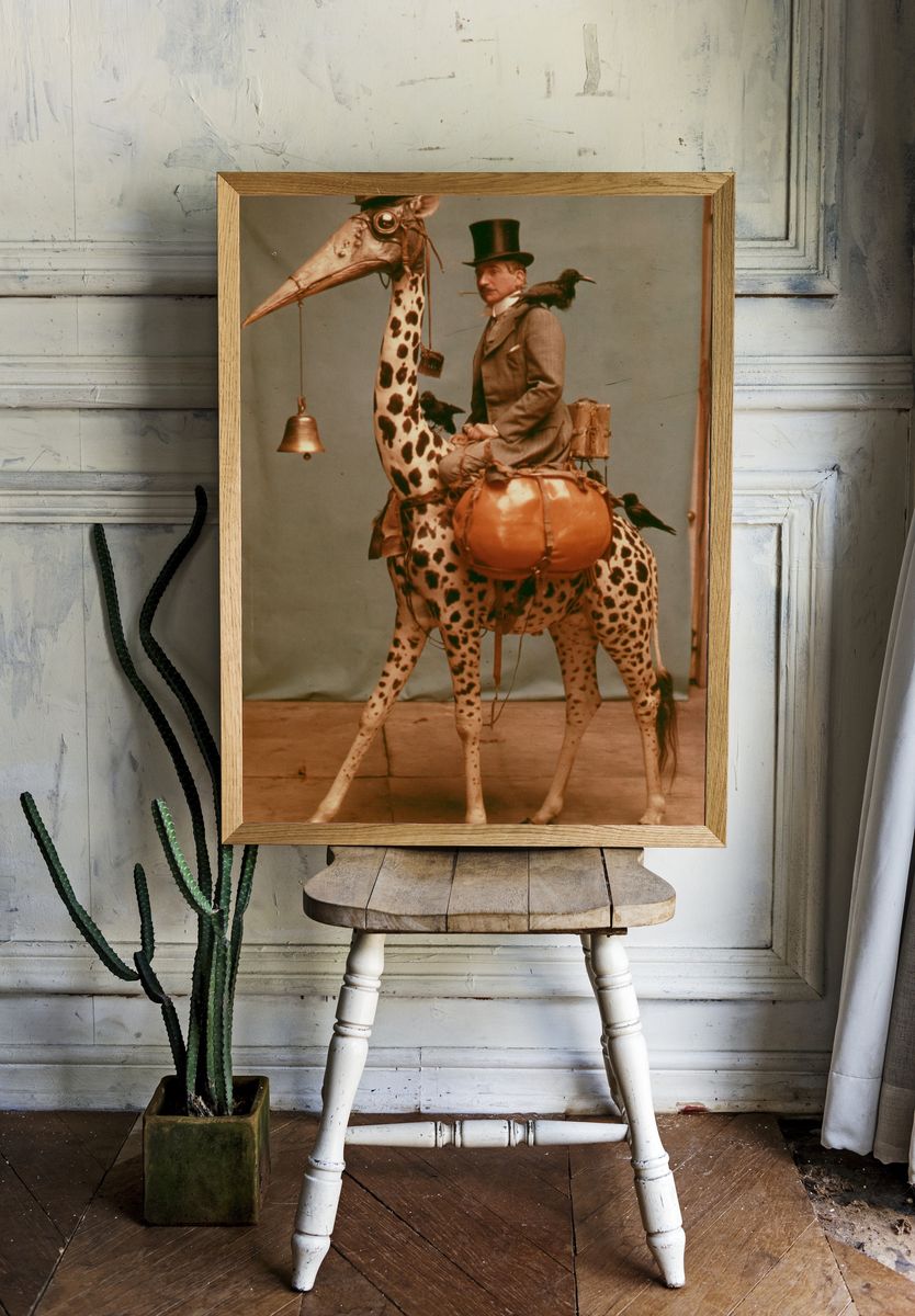 Surreal Gentleman on Spotted Bird Poster. room preview