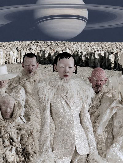 Surreal Saturn Crowd Illustration Print. poster