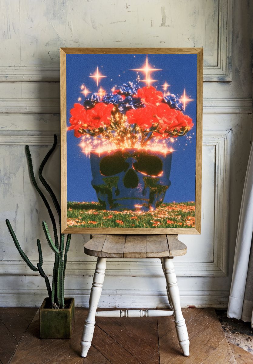 Skull Flower Bloom Surrealism Poster. — room view 1