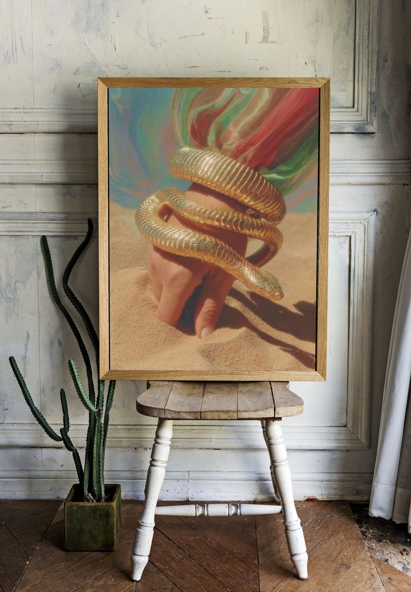 Golden Snake in Sand Surreal Print room preview