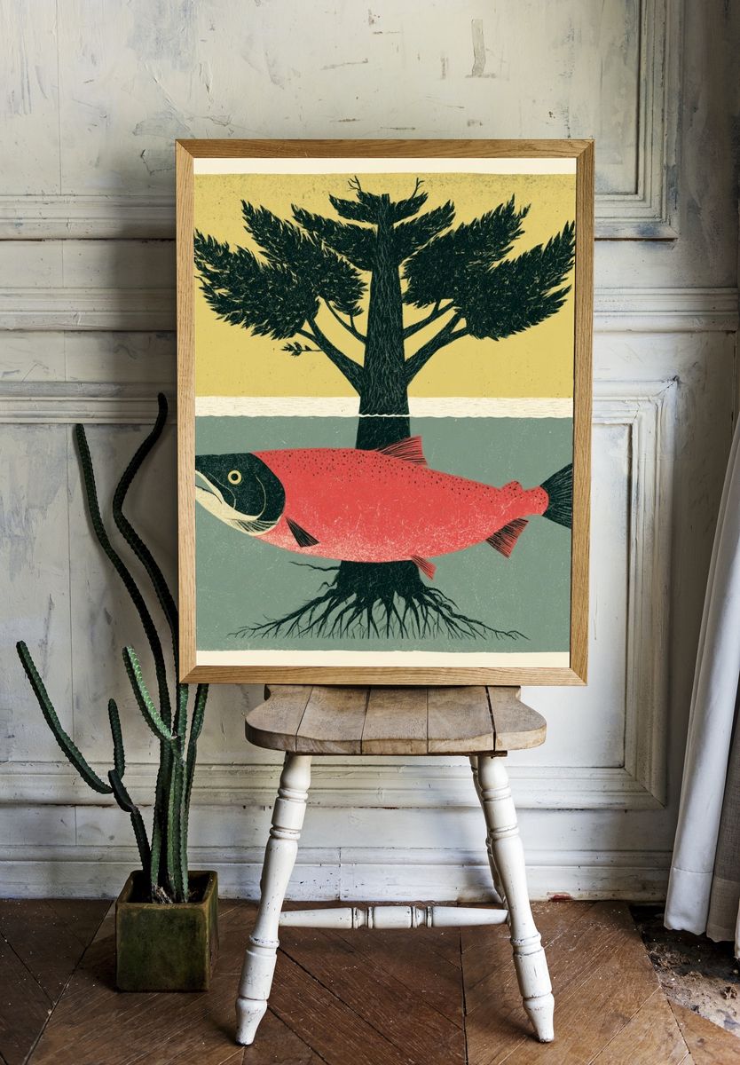Salmon and Tree Surreal Print. room preview