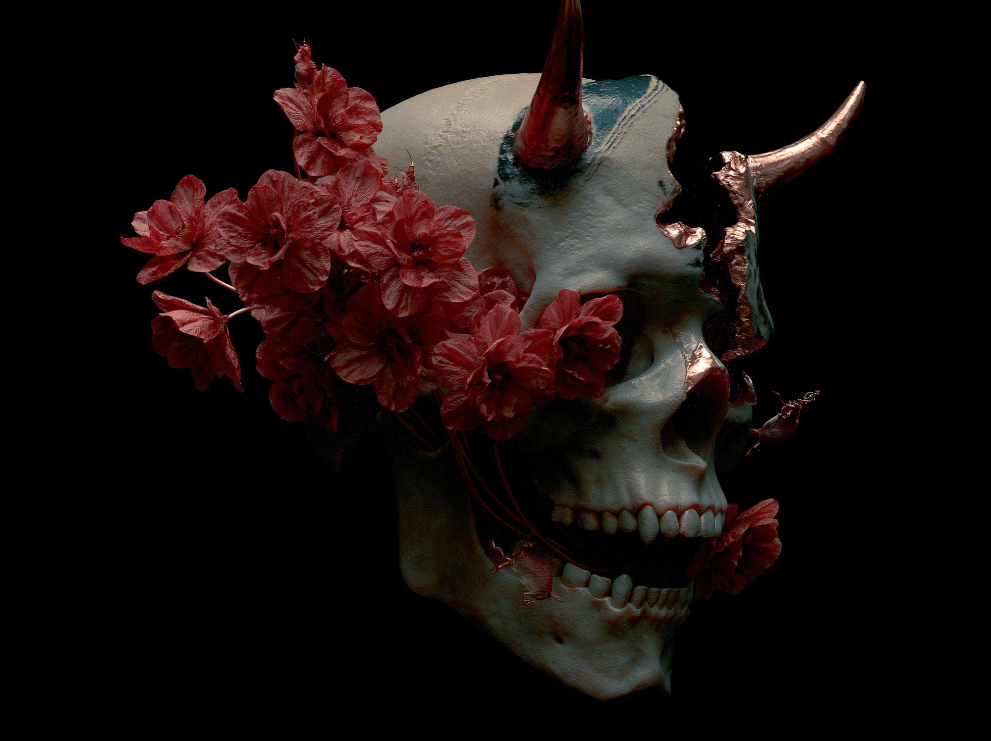 Horned Skull Floral Surrealism Poster. poster detail