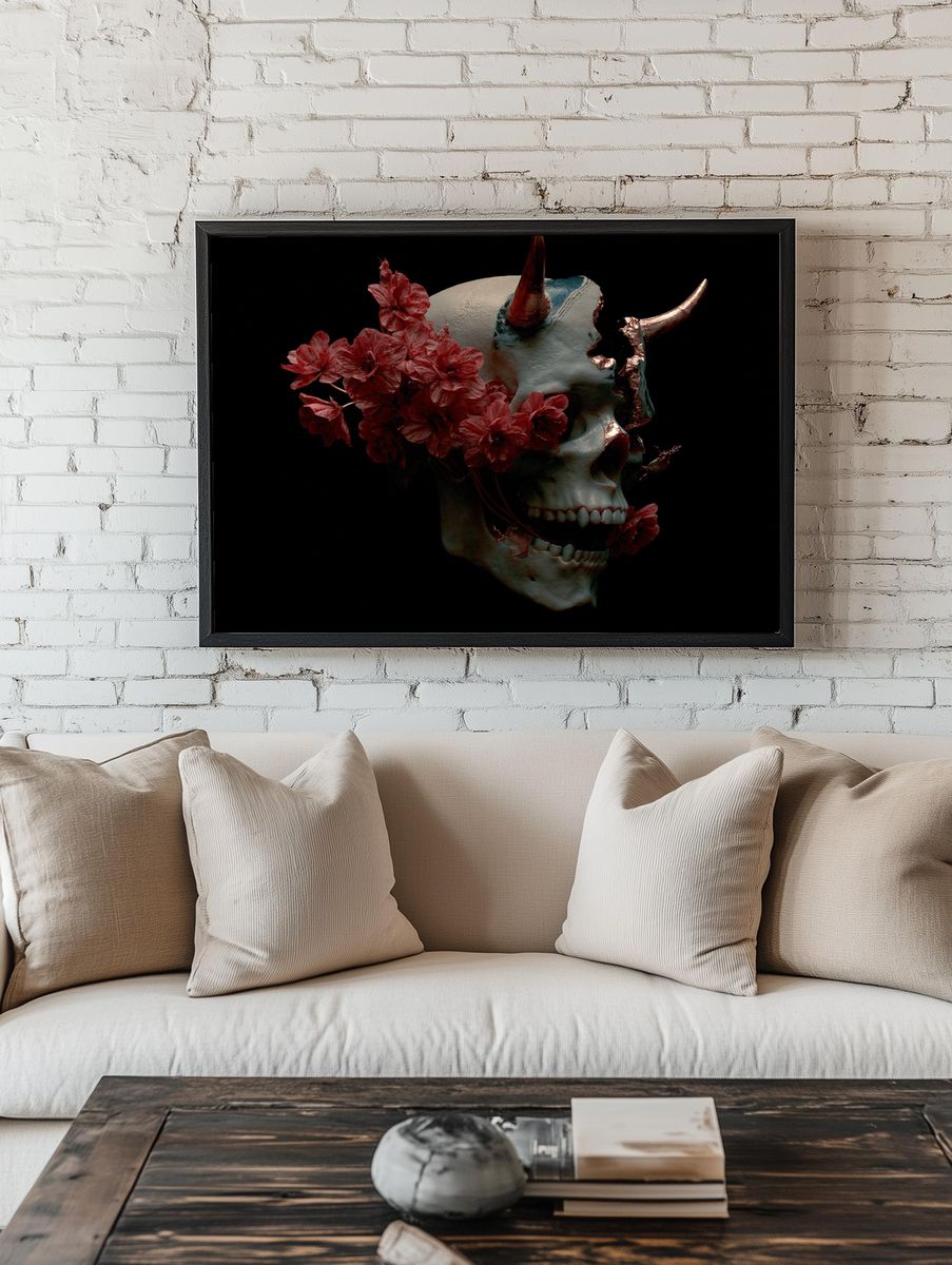 Horned Skull Floral Surrealism Poster. — room view 1