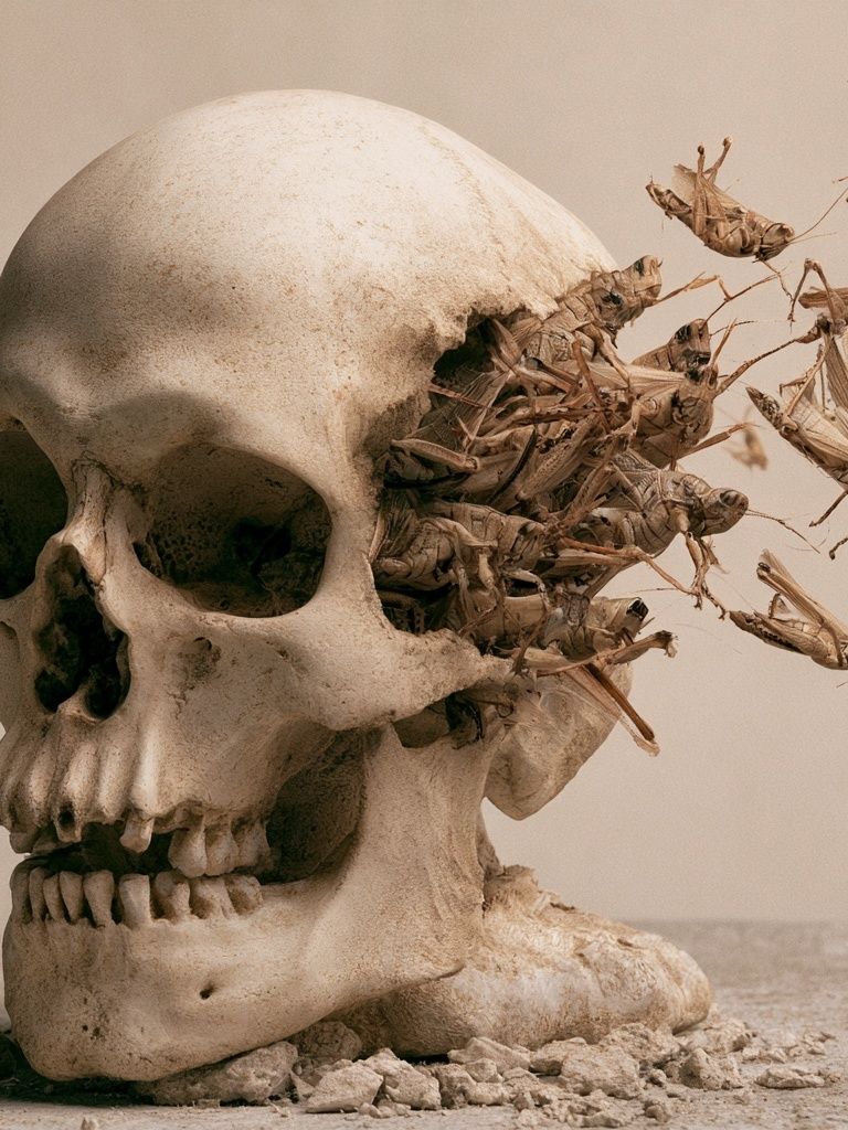 Skull and Grasshoppers Surrealism Print. poster detail
