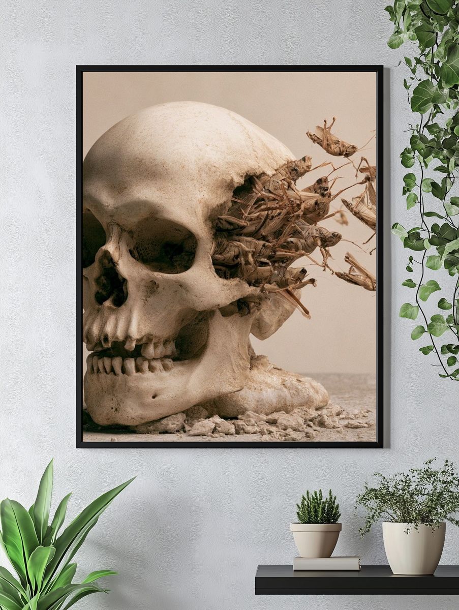 Skull and Grasshoppers Surrealism Print. — room view 4