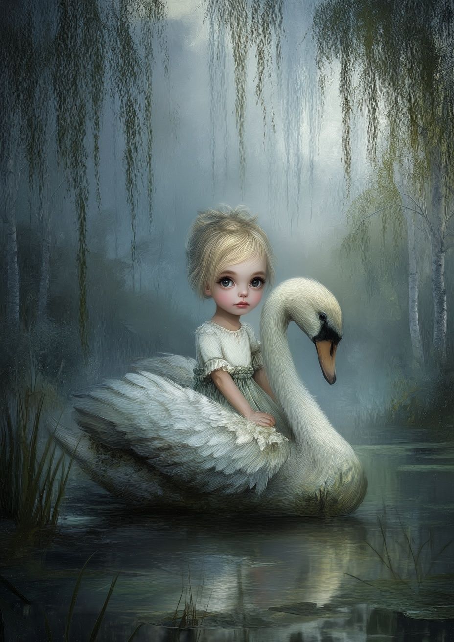 Girl and Swan Surrealism Print. poster — fine-art art