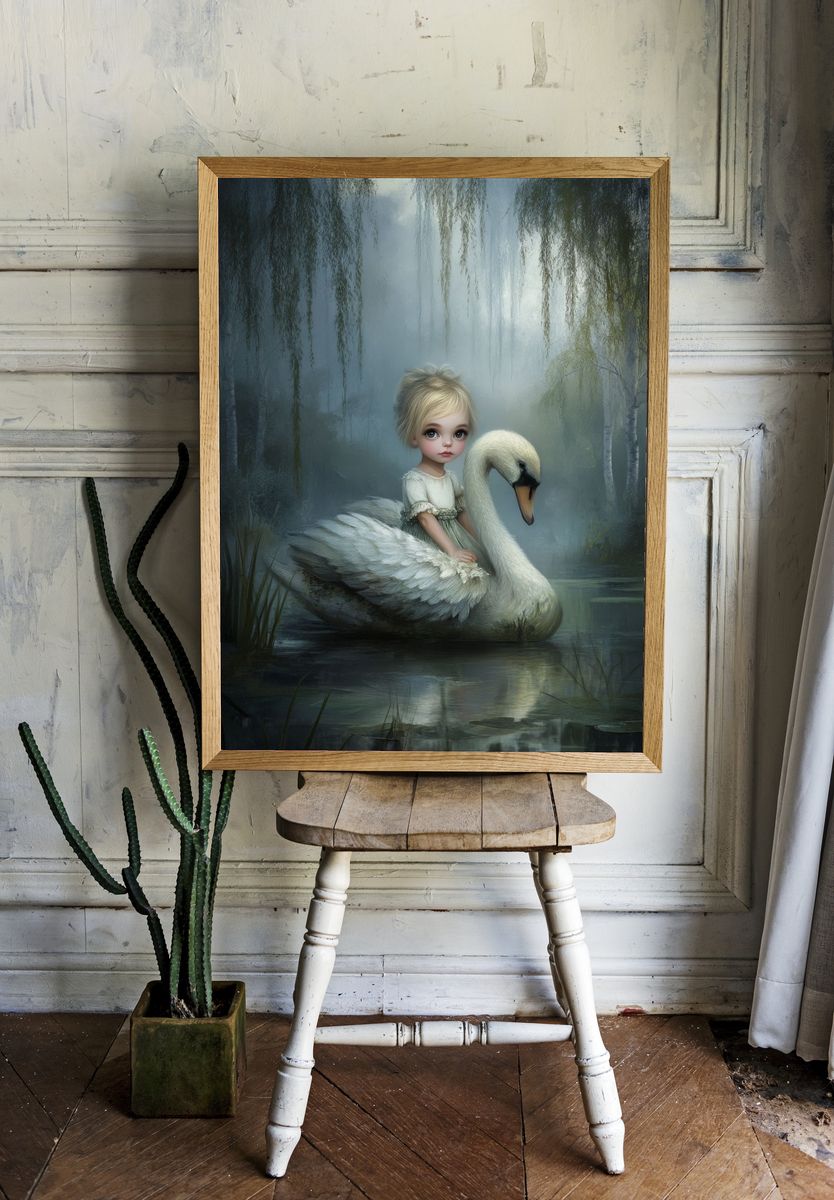 Girl and Swan Surrealism Print room preview