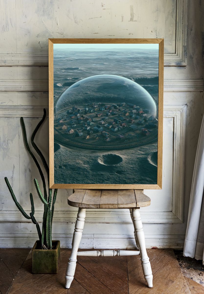 Floating Village Surrealism Print. — room view 1