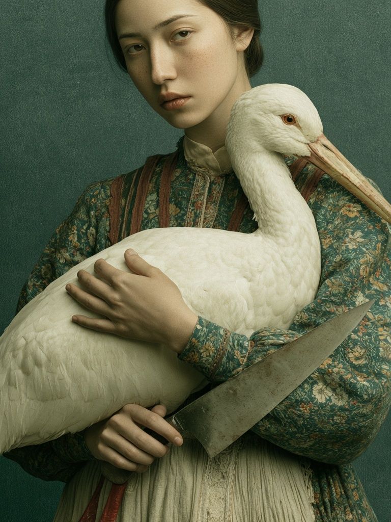 Surreal Woman with Stork Print. poster — fine-art art