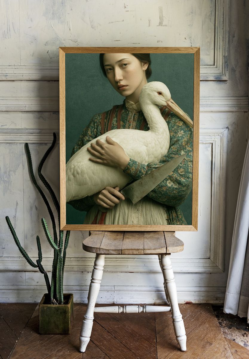 Surreal Woman with Stork Print. room preview
