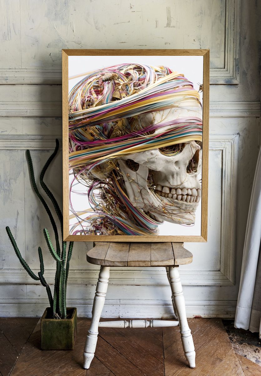 Bee-Wrapped Skull Surrealism Print. room preview