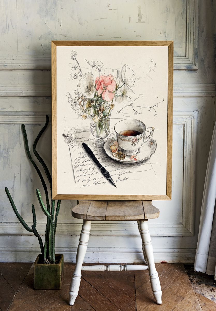 Floral Tea Cup — Illustration Print. room preview