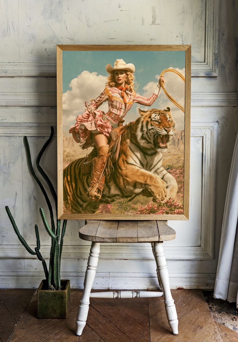 Cowgirl Tiger Surrealism Print. — room view 1