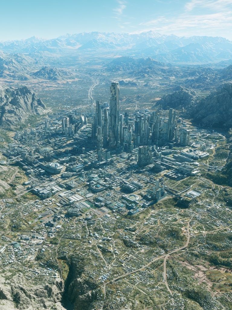 Futuristic Mountain Cityscape Print. poster — illustration art