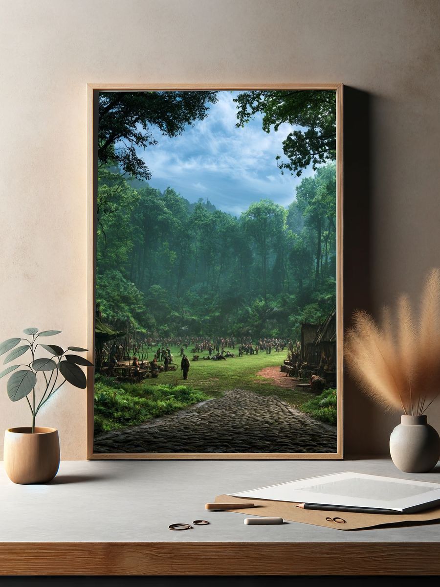 Forest Village Gathering Illustration Poster. — room view 2