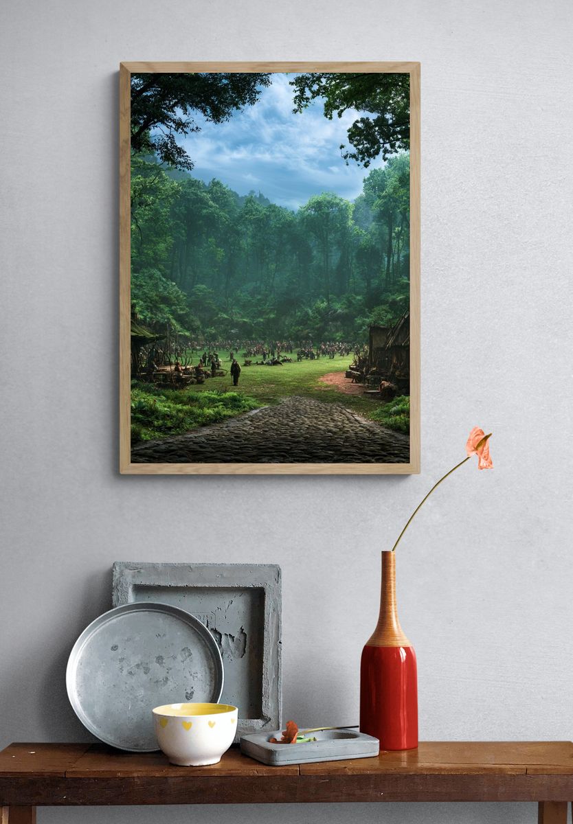 Forest Village Gathering Illustration Poster. — room view 3