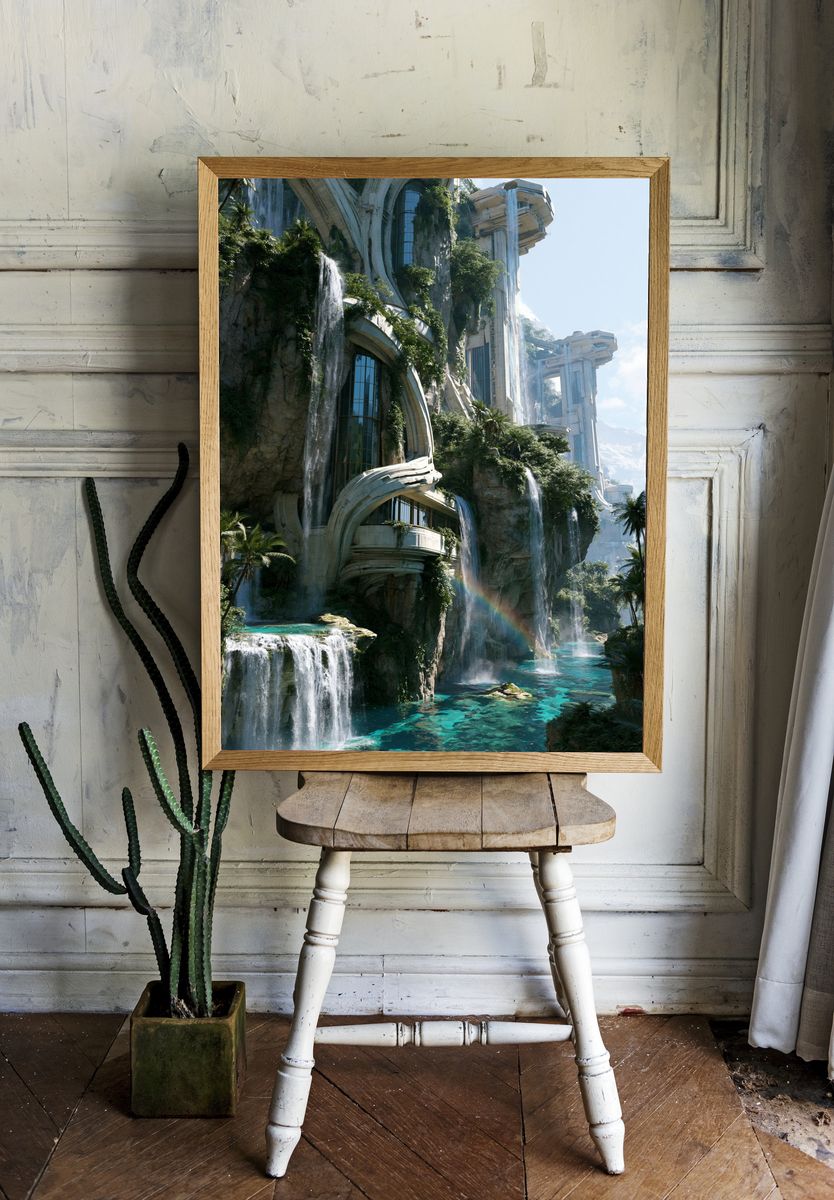 Futuristic Waterfall City Poster. — room view 1