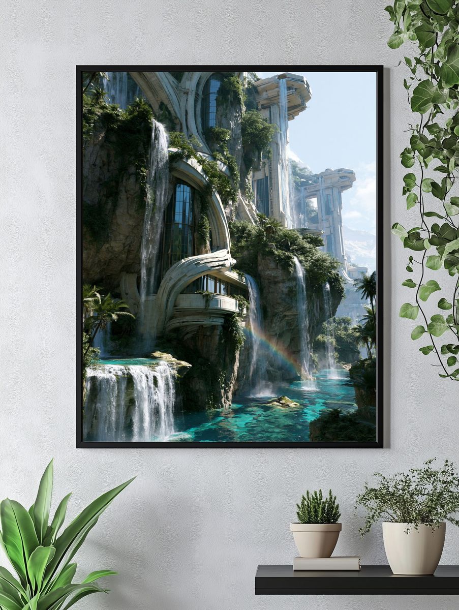 Futuristic Waterfall City Poster. — room view 4