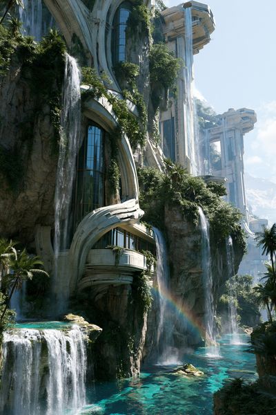 Futuristic Waterfall City Poster. poster print
