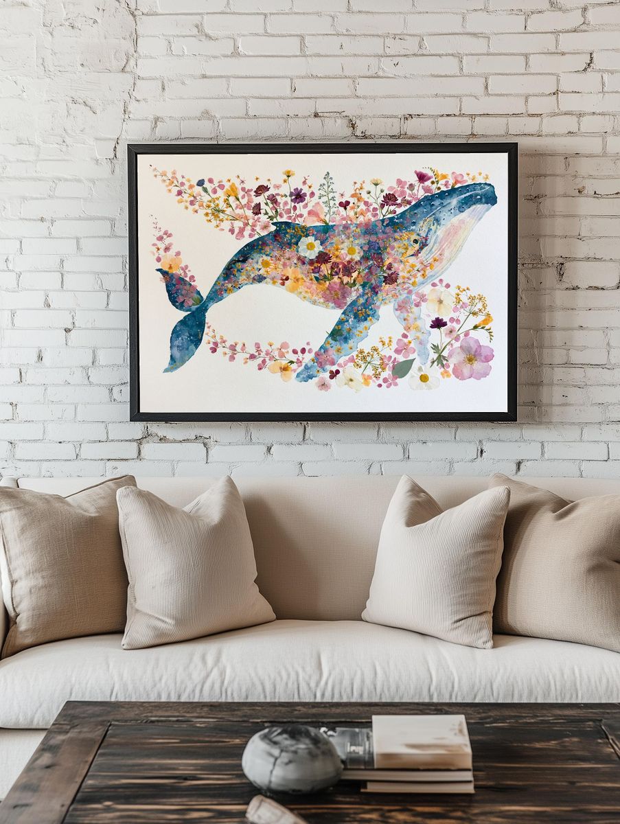Floral Whale Watercolor Print. room preview