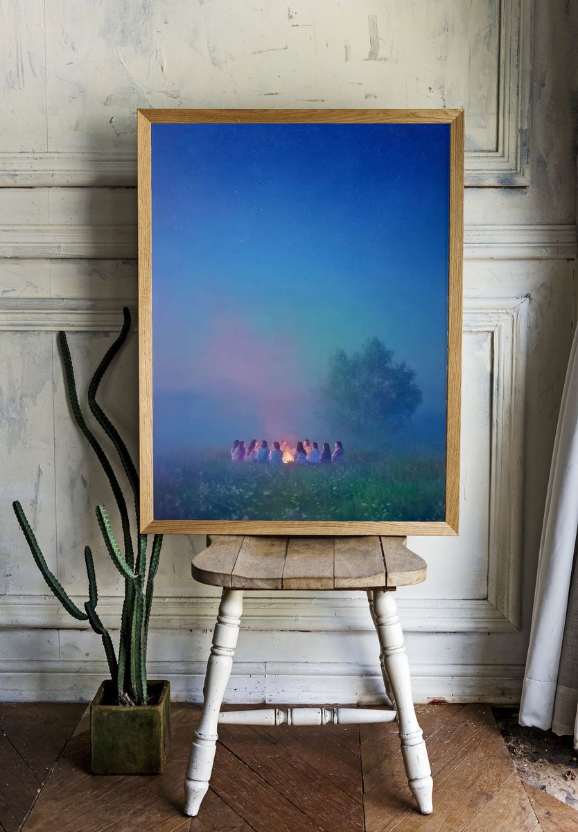 Gathering Around the Fire — Fine Art Print. — room view 1