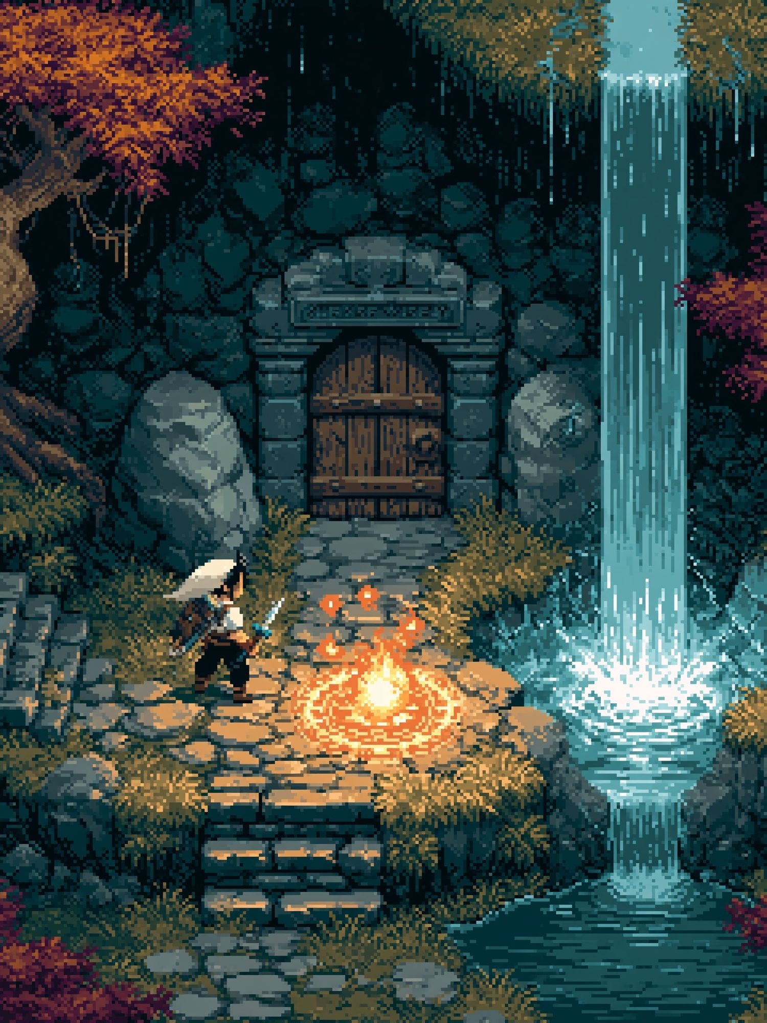 Pixel Fantasy Waterfall Shrine Poster. poster — gaming art