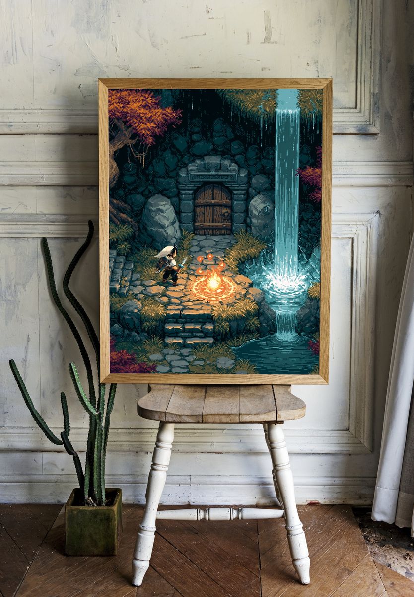 Pixel Fantasy Waterfall Shrine Poster. room preview