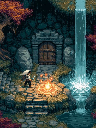 Pixel Fantasy Waterfall Shrine Poster. poster