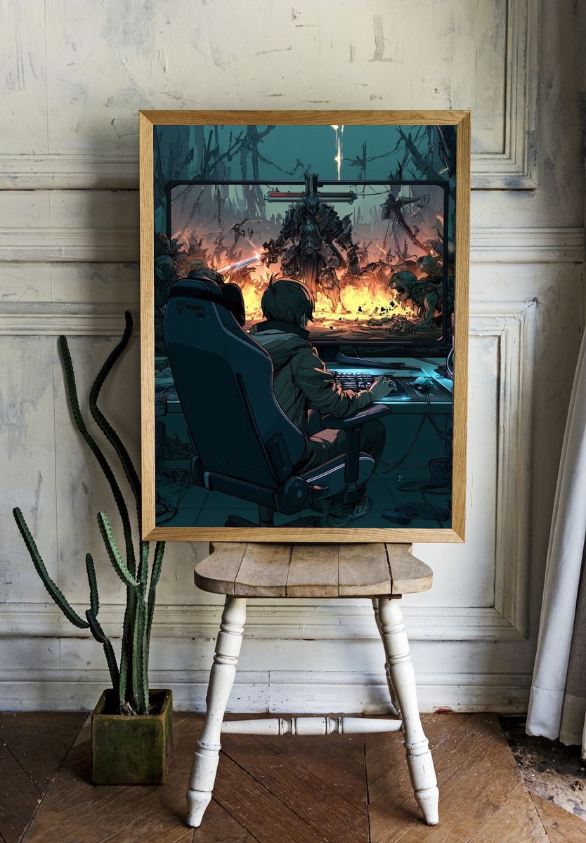 Sci-Fi Gamer Battle Illustration Poster. room preview