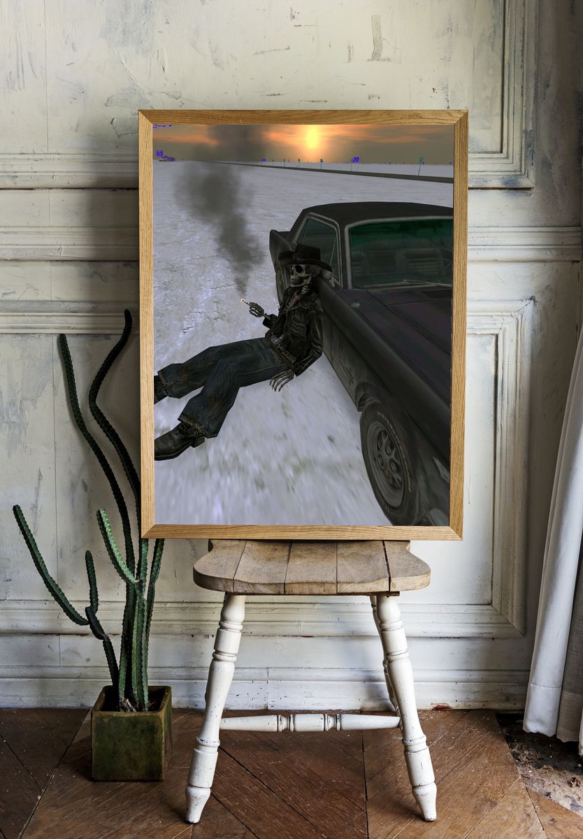 Skeleton Cowboy Car Chase Poster. — room view 1
