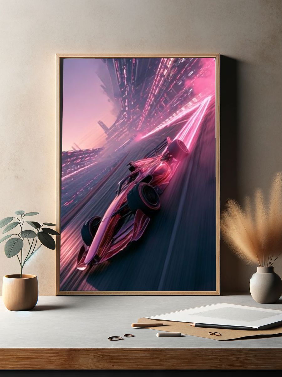 Neon Futuristic Race Car Poster. — room view 2