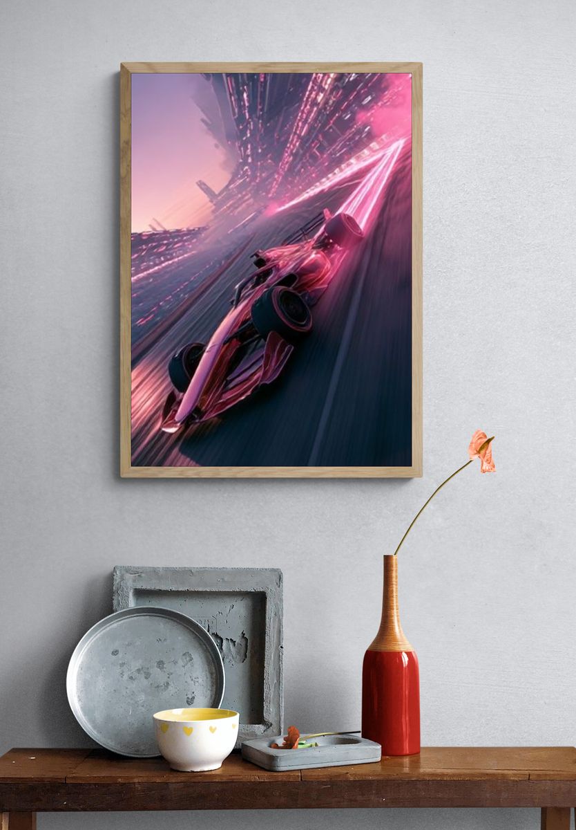 Neon Futuristic Race Car Poster. — room view 3