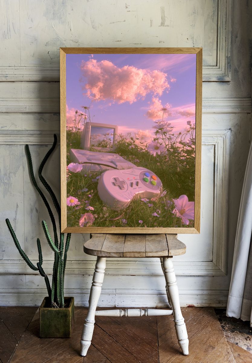 Retro Gamepad Meadow Poster. — room view 1