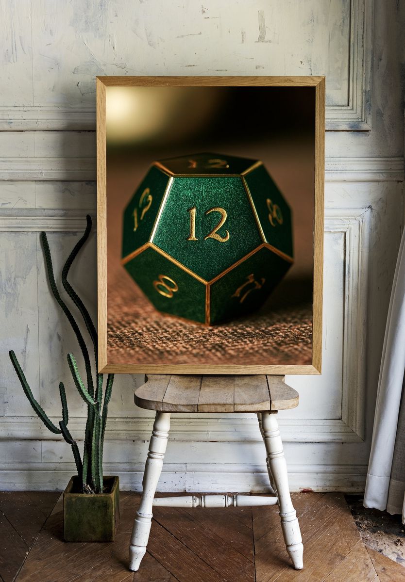 Emerald D20 Dice Photography Poster. — room view 1