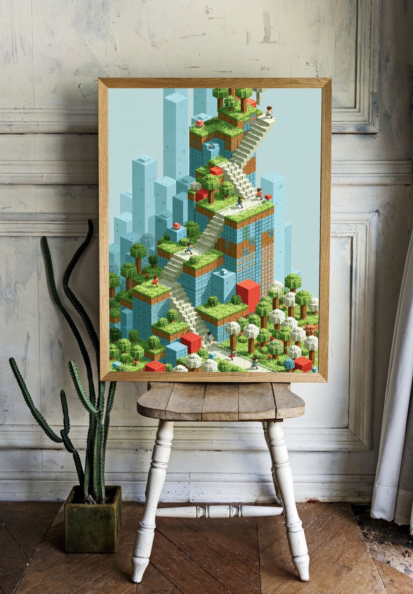 Voxel Garden Stairway Poster. — room view 1