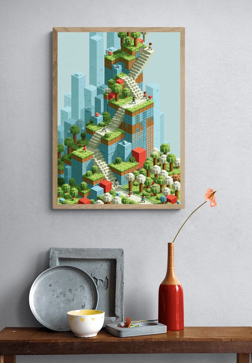 Voxel Garden Stairway Poster. — room view 3