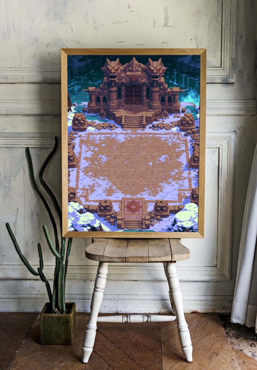 Snowy Demon Temple Pixel Art Poster. — room view 1