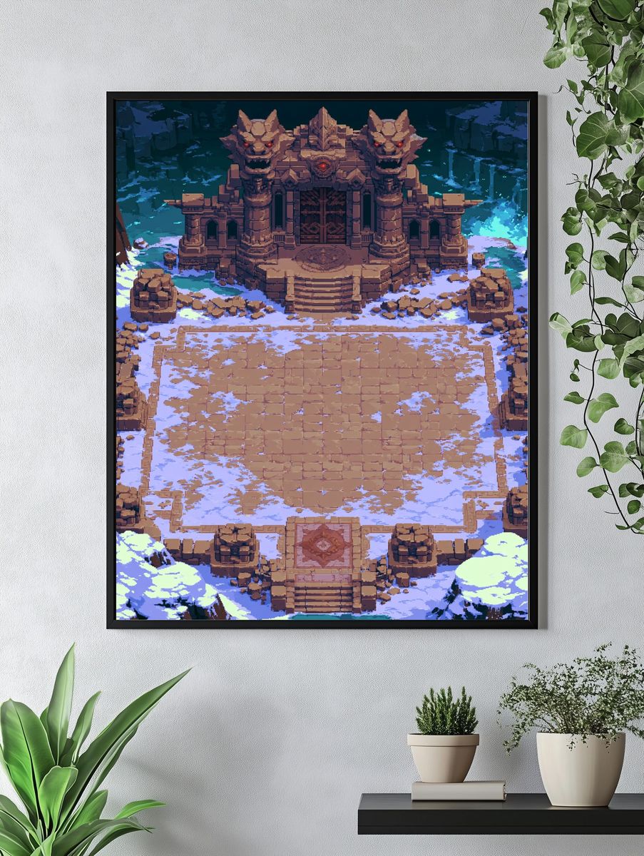 Snowy Demon Temple Pixel Art Poster. — room view 4