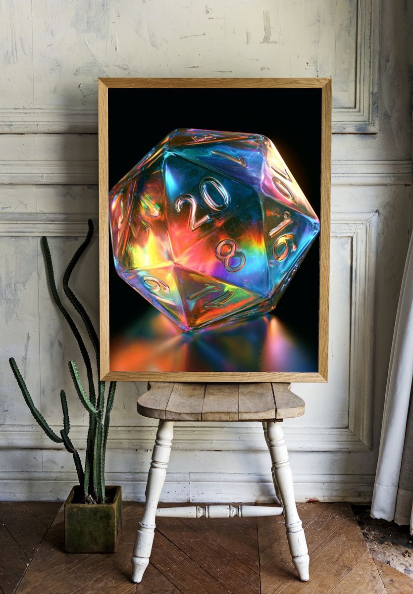Iridescent D20 Dice Illustration Poster. — room view 1
