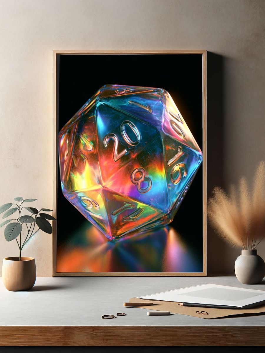Iridescent D20 Dice Illustration Poster. — room view 2