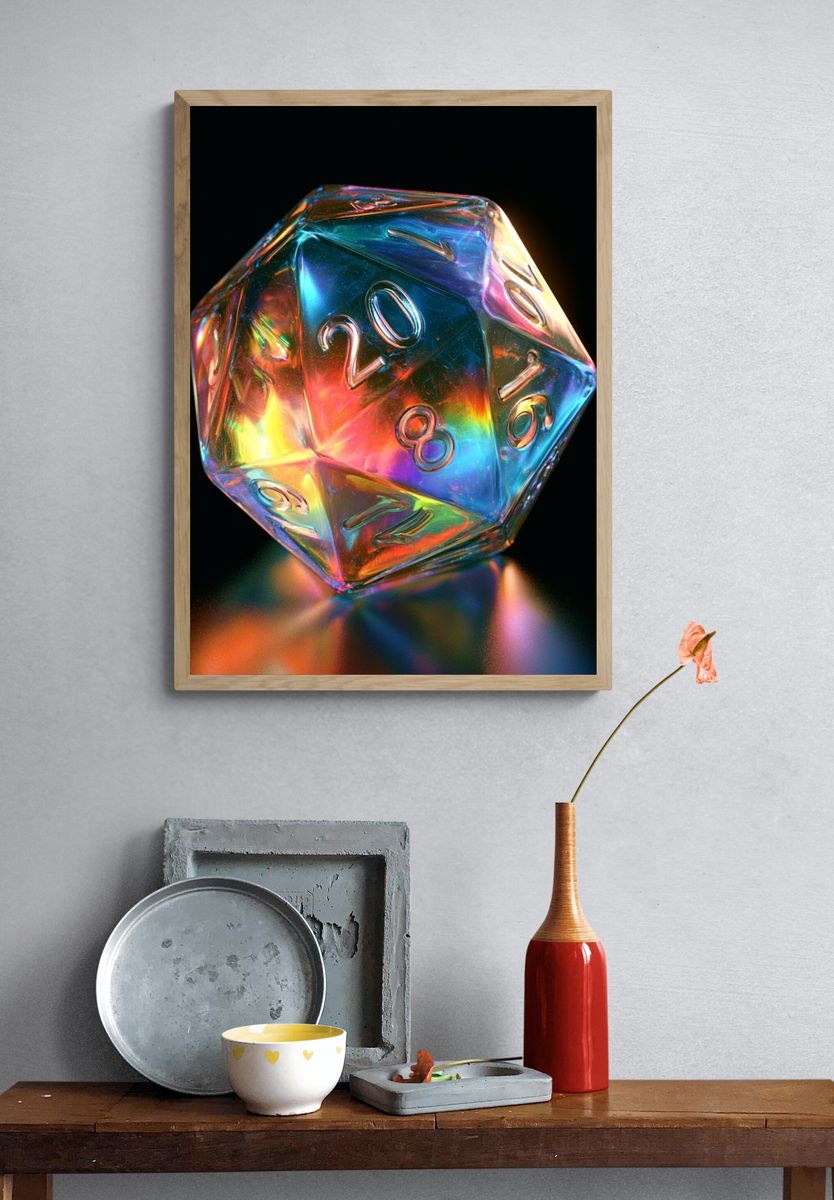Iridescent D20 Dice Illustration Poster. — room view 3