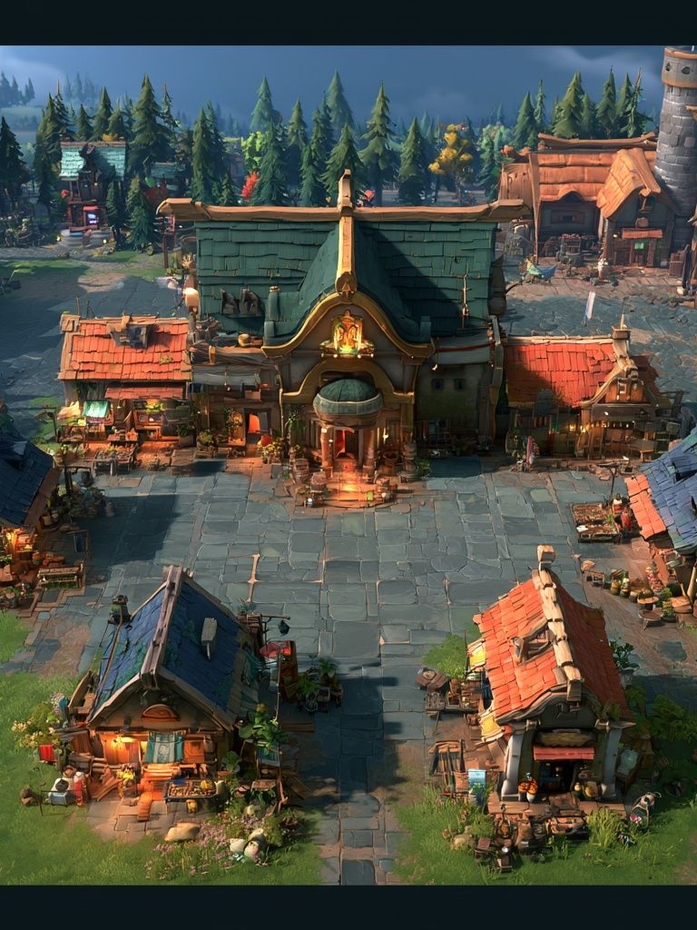 Fantasy Village Square Illustration Poster. poster detail