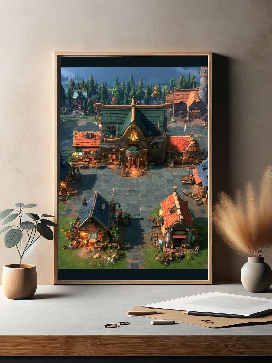 Fantasy Village Square Illustration Poster. — room view 2